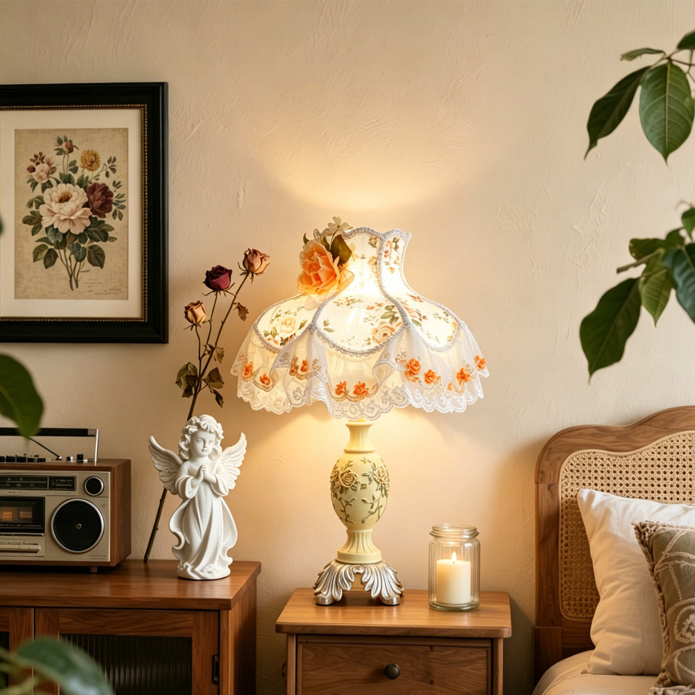 Victorian Pink & Ivory Table Lamp – Lace Pleated Shade & Beaded Fringe, Princess Bedside Night Light