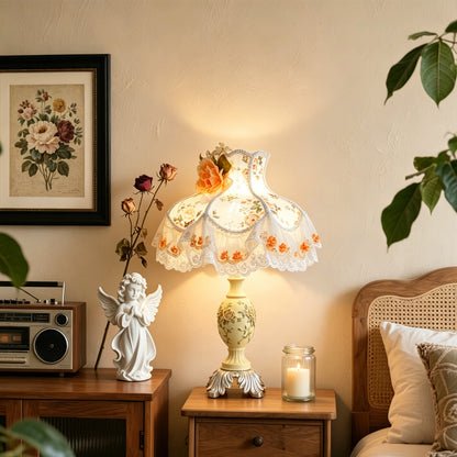 Victorian Pink & Ivory Table Lamp – Lace Pleated Shade & Beaded Fringe, Princess Bedside Night Light