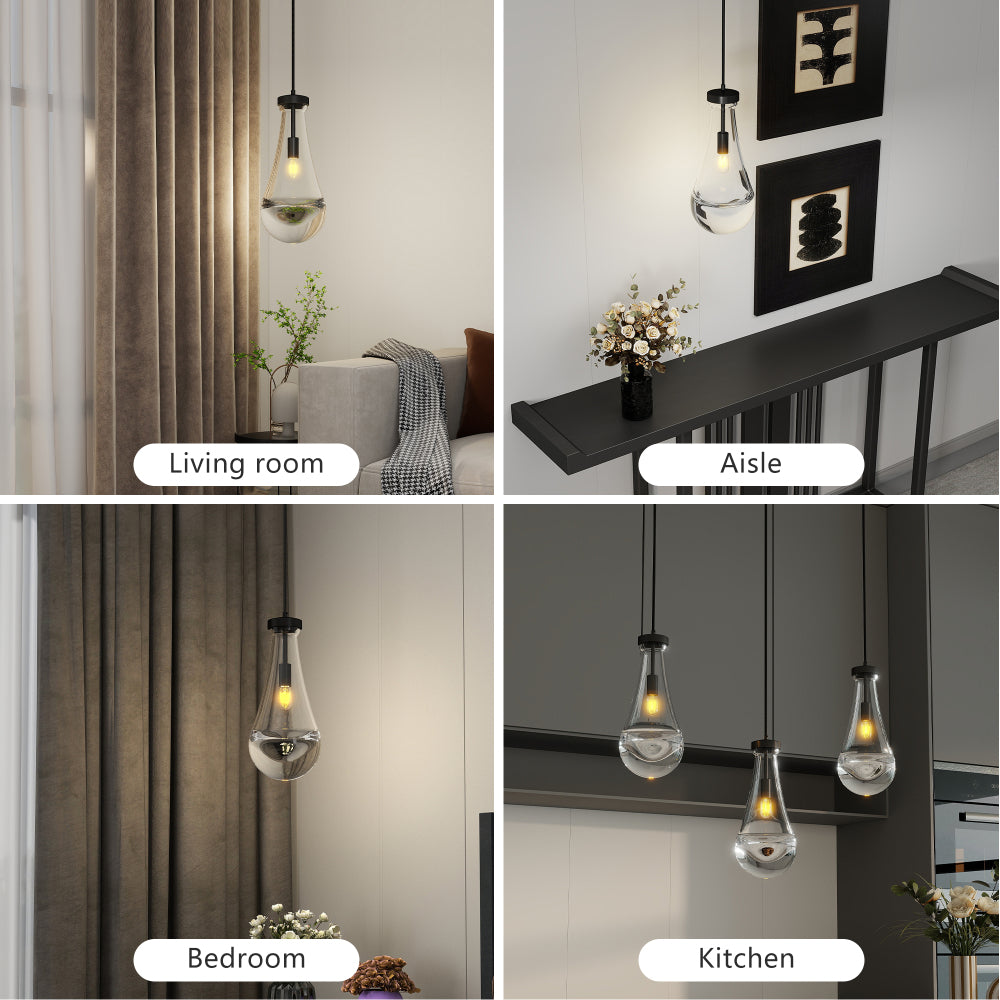 Raindrop pendant light with clear glass shade and brass/black rod, displayed in living room, aisle, bedroom, and kitchen settings, providing ambient lighting.
