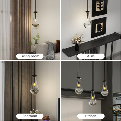 Raindrop pendant light with clear glass shade and brass/black rod, displayed in living room, aisle, bedroom, and kitchen settings, providing ambient lighting.