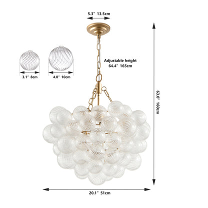 20" Gold Pendant Chandelier with Threaded Clear Glass Globe | 3-Light Adjustable Height Ceiling Light — Living Room, Dining Room & Kitchen