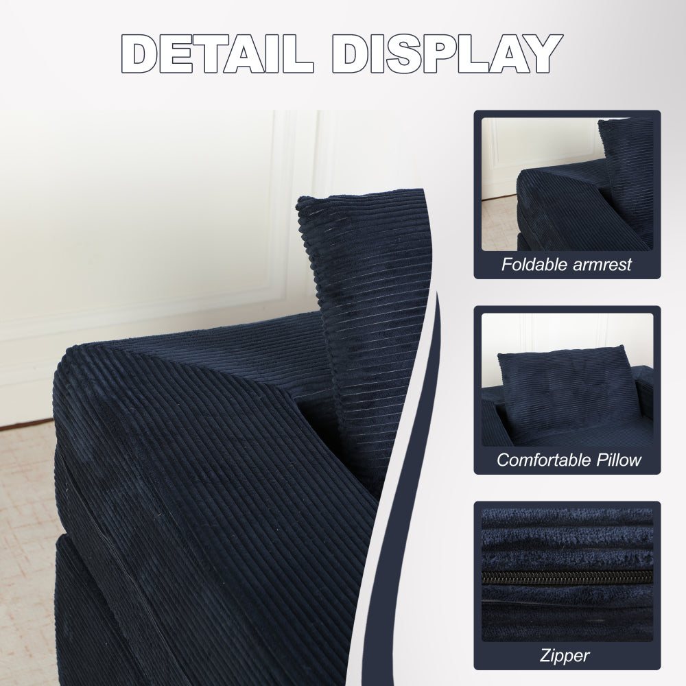 3-in-1 Floor Sofa Bed for Humans & Pets | No-Assembly Corduroy Lounger with Memory Foam & Pillow — Dark Blue