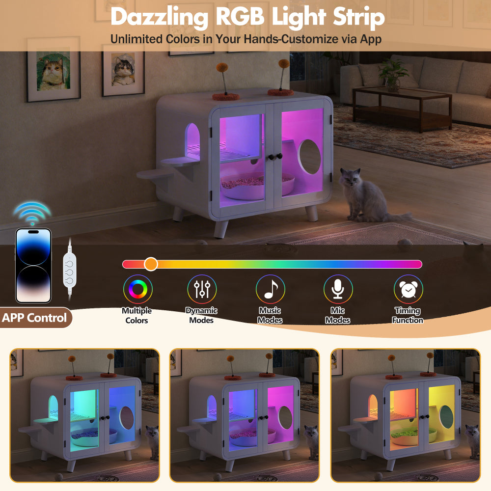 Hidden Cat Litter Box Cabinet – RGB LED, Glass Doors, Litter Walkway & Pom-Pom Toys, White