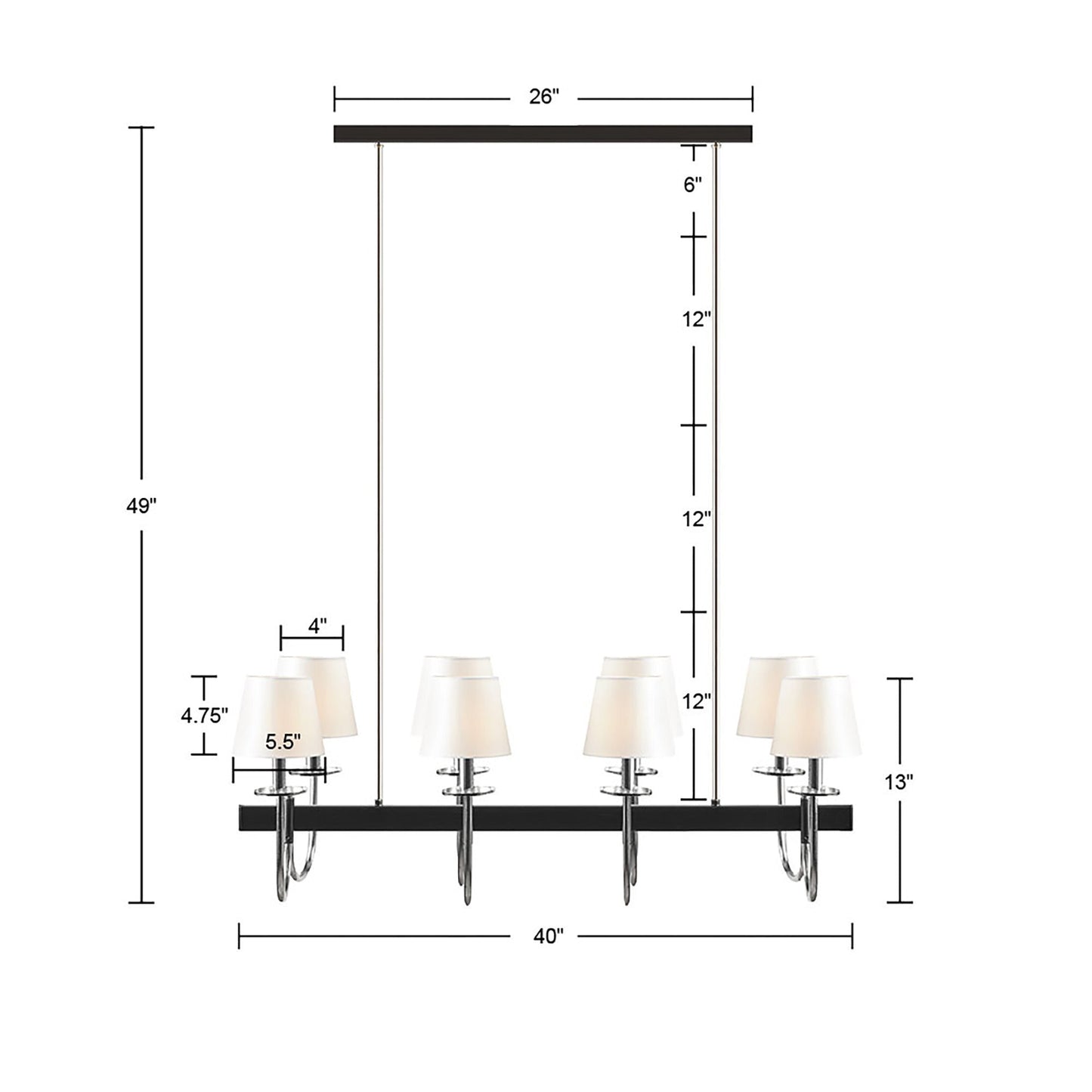 8-Light Rectangular Chandelier with Drum Shades | Black & Silver Farmhouse Ceiling Light — 40" Wide, Adjustable Height, Dining Room & Kitchen Island