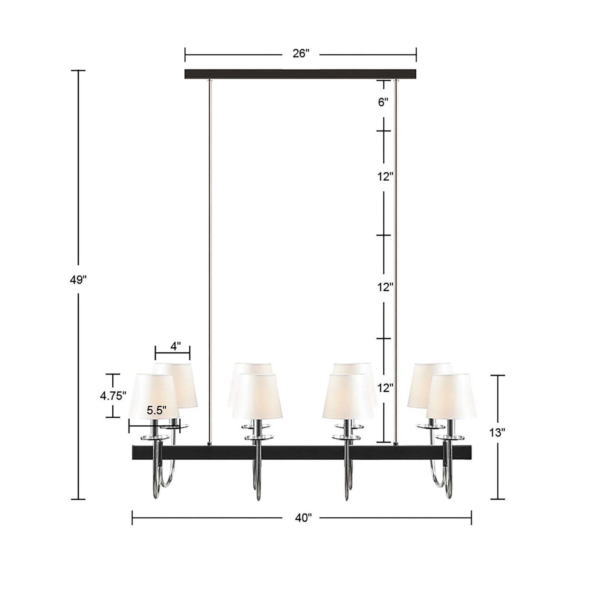 8-Light Rectangular Chandelier with Drum Shades | Black & Silver Farmhouse Ceiling Light — 40" Wide, Adjustable Height, Dining Room & Kitchen Island