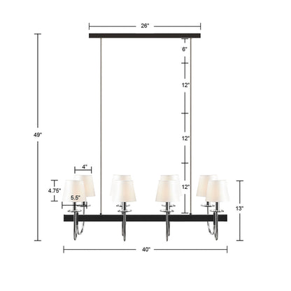 8-Light Rectangular Chandelier with Drum Shades | Black & Silver Farmhouse Ceiling Light — 40" Wide, Adjustable Height, Dining Room & Kitchen Island