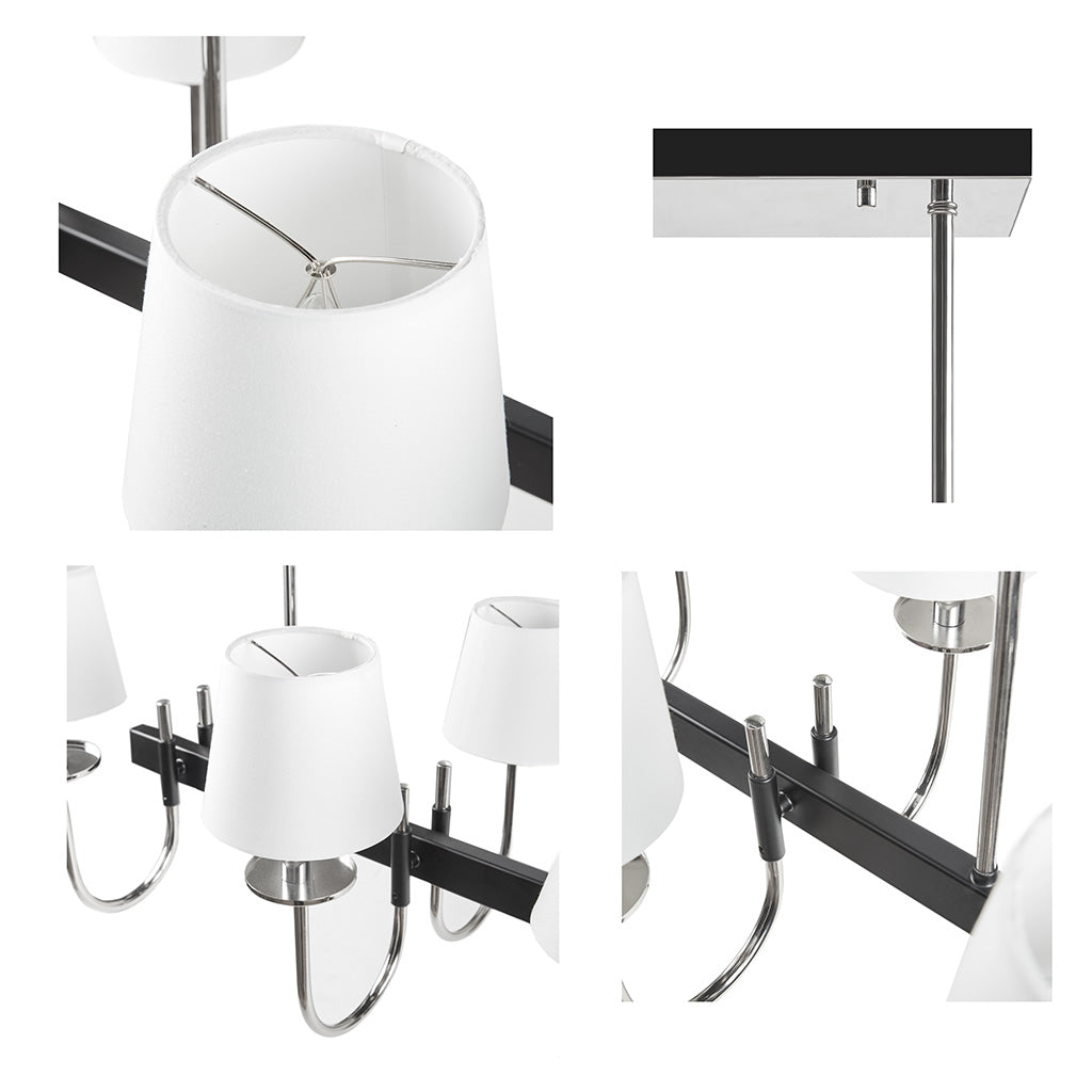 8-Light Rectangular Chandelier with Drum Shades | Black & Silver Farmhouse Ceiling Light — 40" Wide, Adjustable Height, Dining Room & Kitchen Island