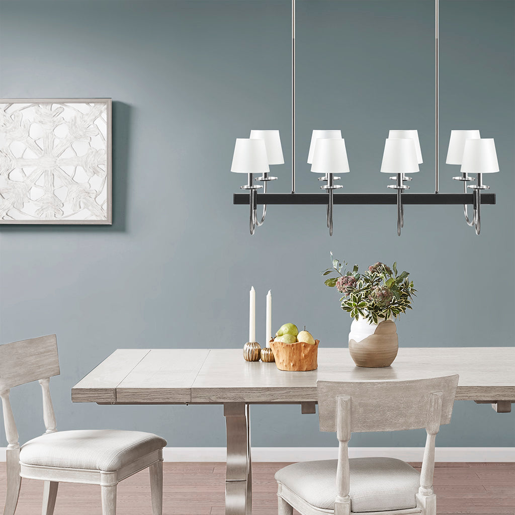 8-Light Rectangular Chandelier with Drum Shades | Black & Silver Farmhouse Ceiling Light — 40" Wide, Adjustable Height, Dining Room & Kitchen Island