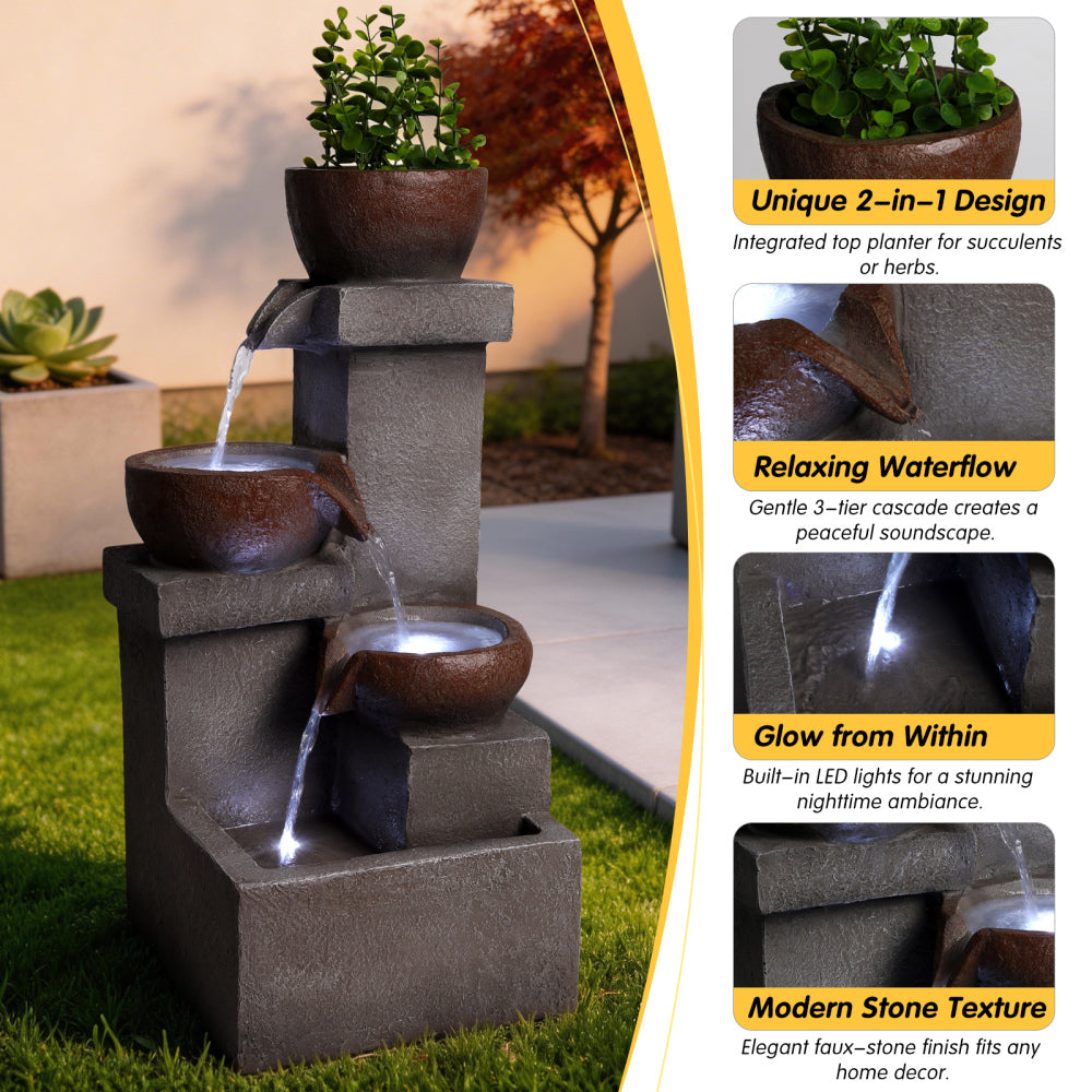 Tiered Cascading Jar Outdoor Fountain with LED Lights | Resin Stone-Look Waterfall with Planter Top — Garden, Patio & Entryway Decor