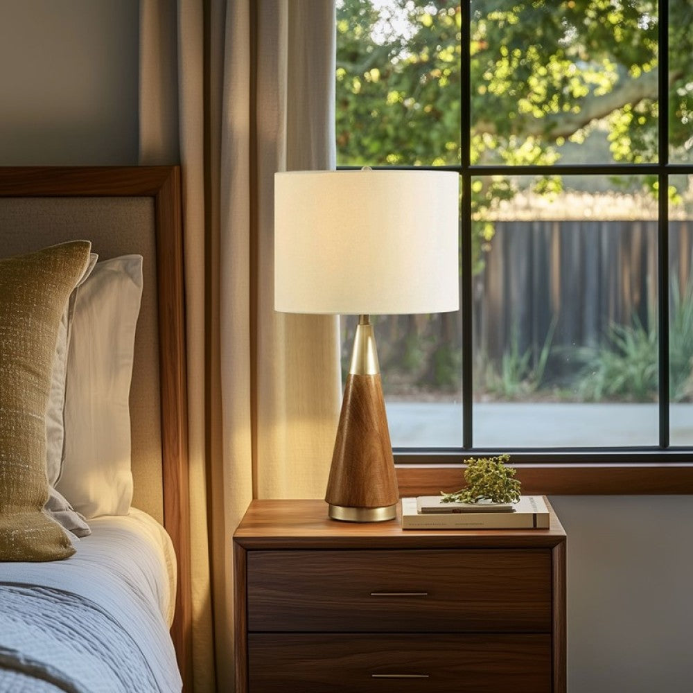 Mid-Century Triangle Table Lamp – Espresso Wood & Antique Brass, White Linen Shade