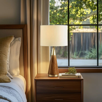 Mid-Century Triangle Table Lamp – Espresso Wood & Antique Brass, White Linen Shade