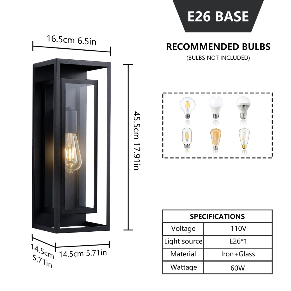Black Outdoor Wall Lantern | IP65 Waterproof Coach Light with Clear Glass & E26 Socket — 2 Sizes, 2-Pack for Porch, Garage & Front Door