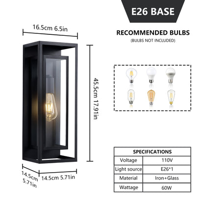 Black Outdoor Wall Lantern | IP65 Waterproof Coach Light with Clear Glass & E26 Socket — 2 Sizes, 2-Pack for Porch, Garage & Front Door