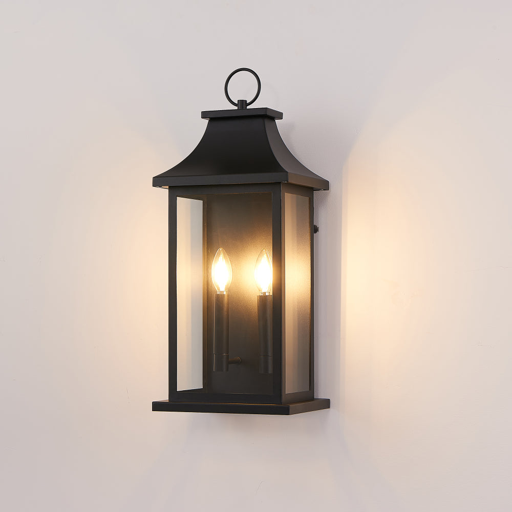 22.2" Dusk-to-Dawn Outdoor Wall Lantern | 2-Light Large Black Exterior Sconce with Glass — Waterproof Porch, Garage & House Light 1-2 Pack