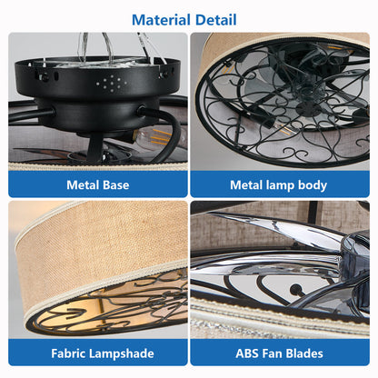 20" Caged Ceiling Fan with LED Light & Remote – Linen Fabric Shade, 6 Speeds, Reversible DC Motor | Farmhouse Flush Mount