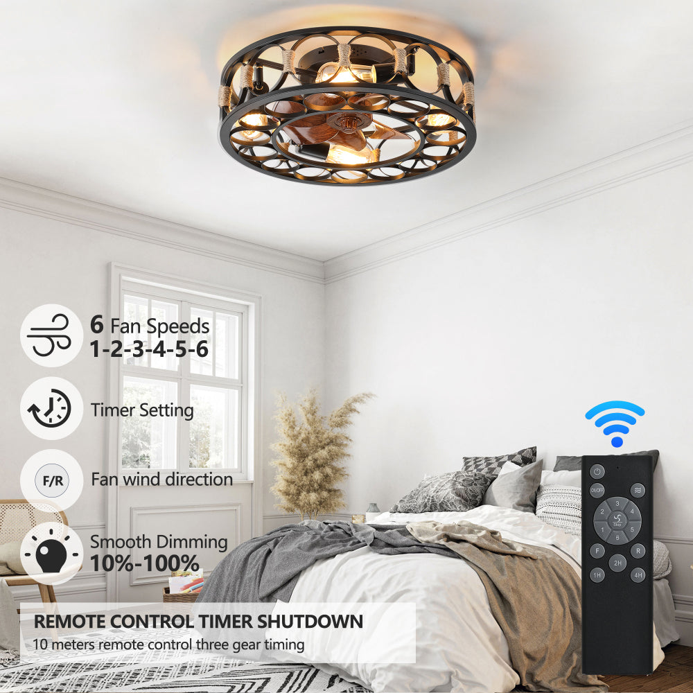 Caged Flush Mount Ceiling Fan with LED Lights & Remote – Farmhouse Matte Black, 6 Speeds & Reversible DC Motor