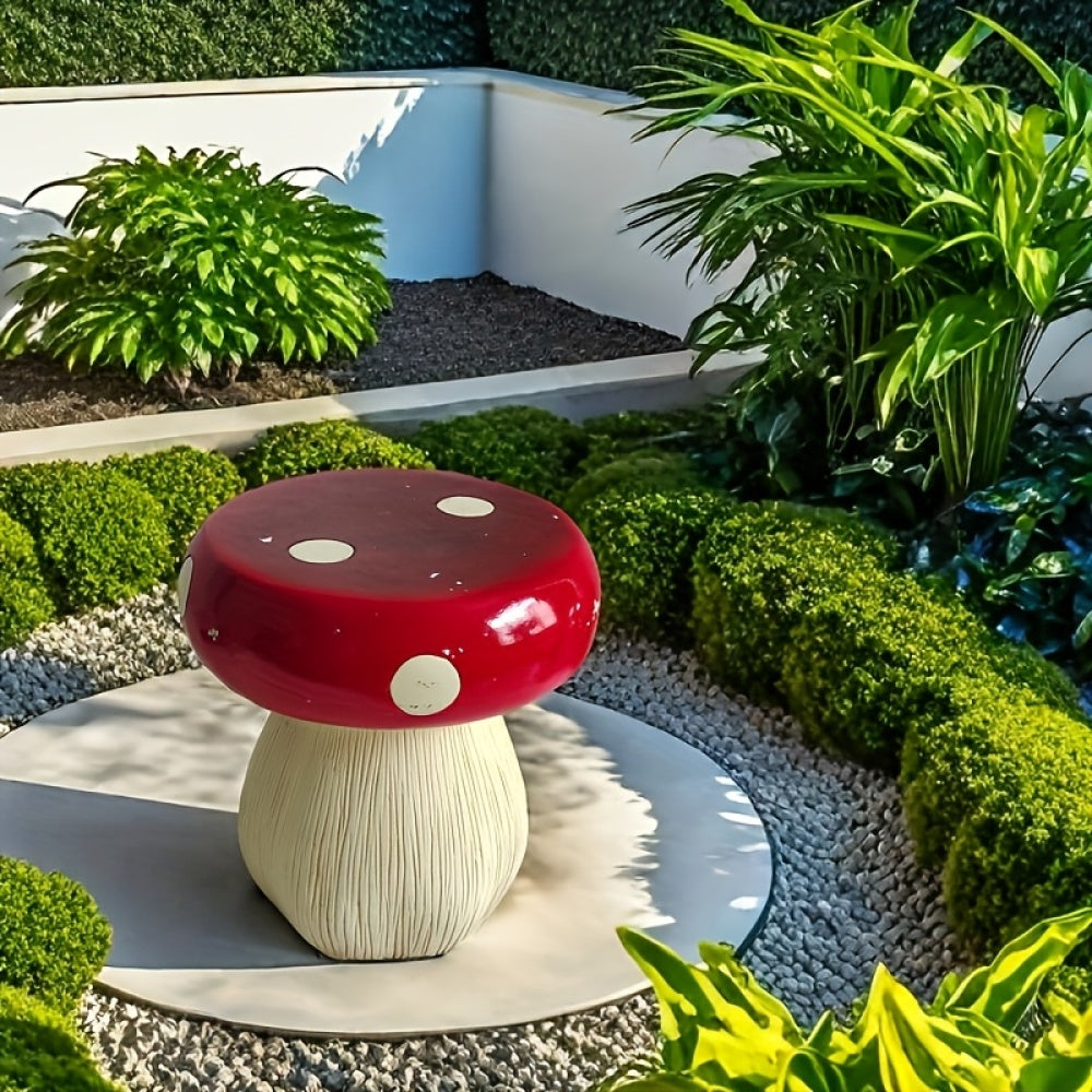13.8" Mushroom Garden Stool | Hand-Painted Resin Decorative Stool with Forest Base — Indoor & Outdoor Whimsical Decor