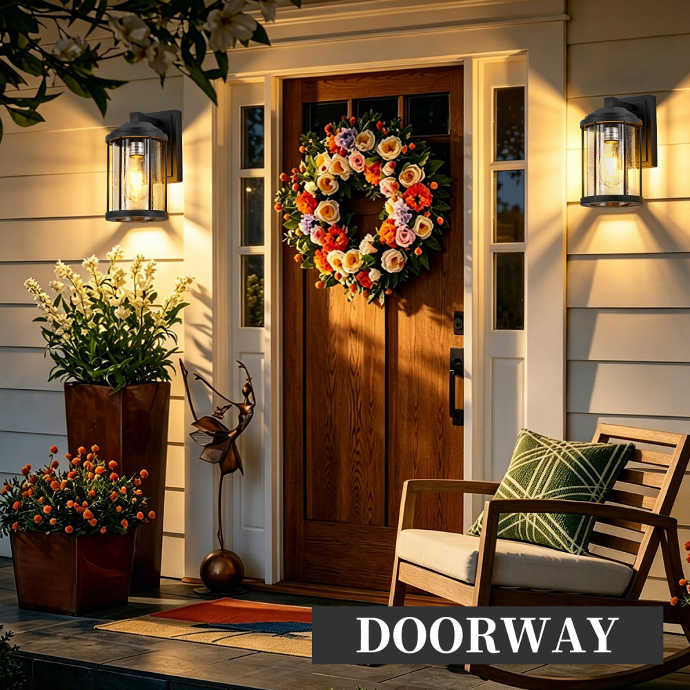 Outdoor Wall Sconces 2 Pack – Black Exterior Light Fixtures with Seeded Glass