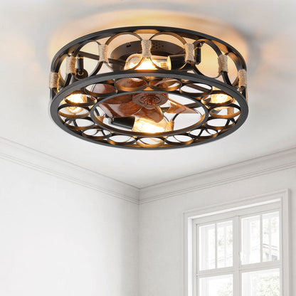 Caged Flush Mount Ceiling Fan with LED Lights & Remote – Farmhouse Matte Black, 6 Speeds & Reversible DC Motor