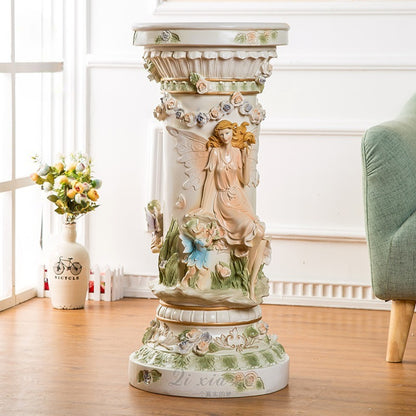 33" Luxury Roman Column Pedestal | Resin Fairy & Floral Relief Pillar Stand — Vintage European Decor for Living Room & Entryway White