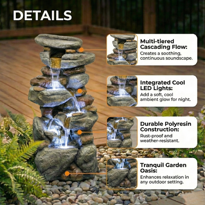30" Large Outdoor Stone Fountain with LED Lights | Cascading Waterfall Fiberglass Resin Garden Fountain for Patio, Yard & Entryway