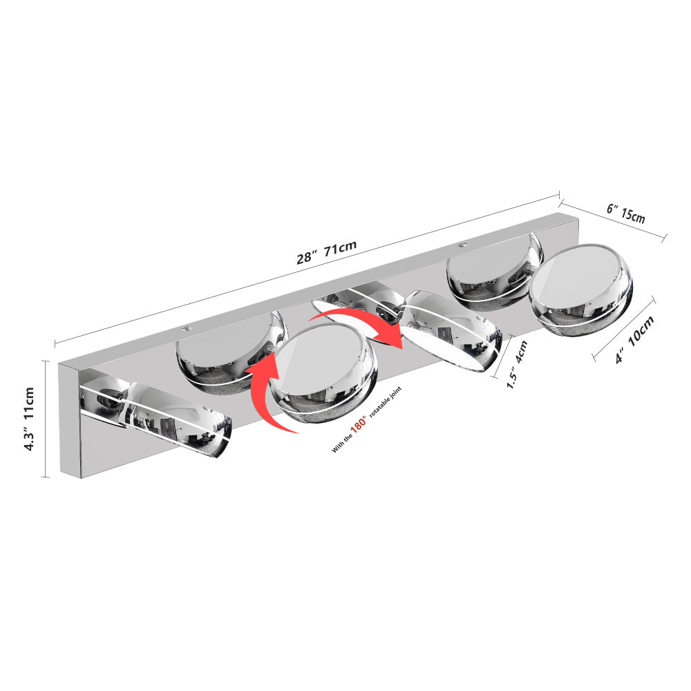 Technical diagram of modern chrome LED vanity light bar showing dimensions (28" length, 4.3" height) and 180° rotatable joints