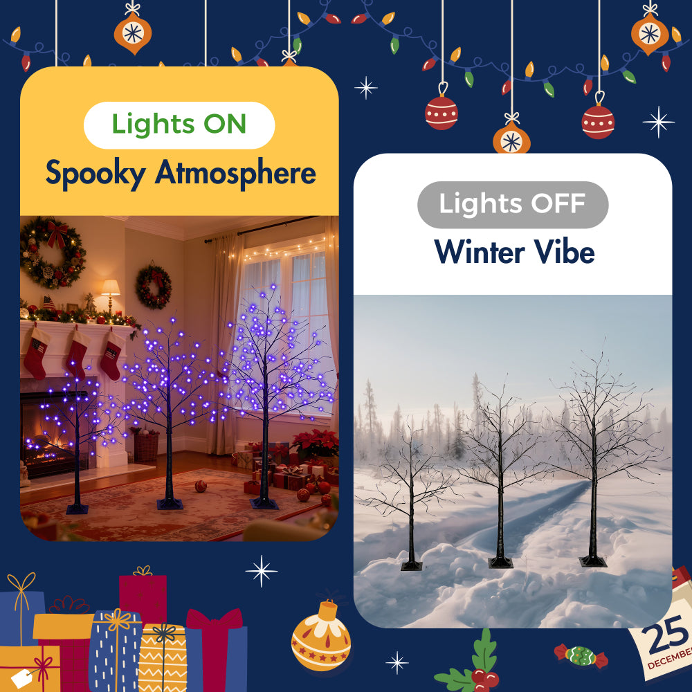 Black Halloween Christmas Tree Set | 3-Pack 4FT + 5FT + 6FT with 216 Purple LED Lights — Adjustable Branches for Spooky Holiday Decor