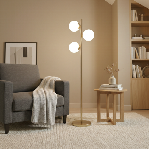 Modern Floor Lamp – Brushed Gold Finish, Opal Glass Shade & Round Metal Base