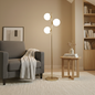 Modern Floor Lamp – Brushed Gold Finish, Opal Glass Shade & Round Metal Base