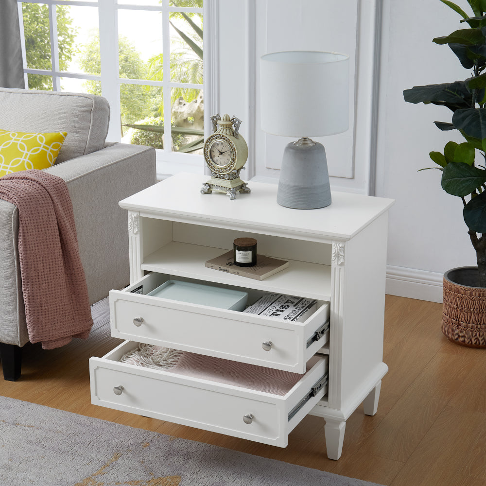 Farmhouse Nightstand with Charging Station | 2 Drawers & Open Shelf | Fluted Side Table with Solid Wood Legs