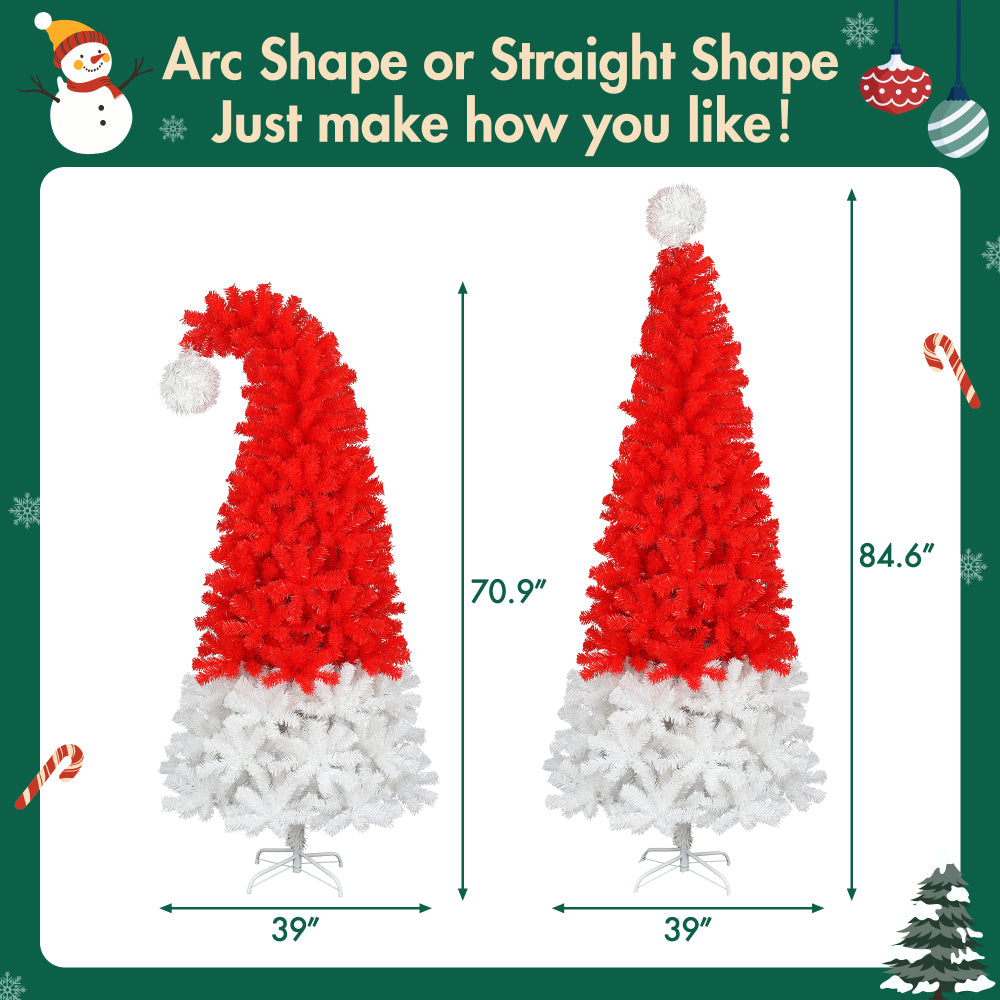 6 FT Santa Hat Shaped Christmas Tree | Pre-Lit Whimsical Curved Xmas Tree with 300 Cool White LEDs & 1050 PET Tips — Red & White