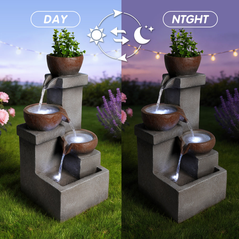 Tiered Cascading Jar Outdoor Fountain with LED Lights | Resin Stone-Look Waterfall with Planter Top — Garden, Patio & Entryway Decor