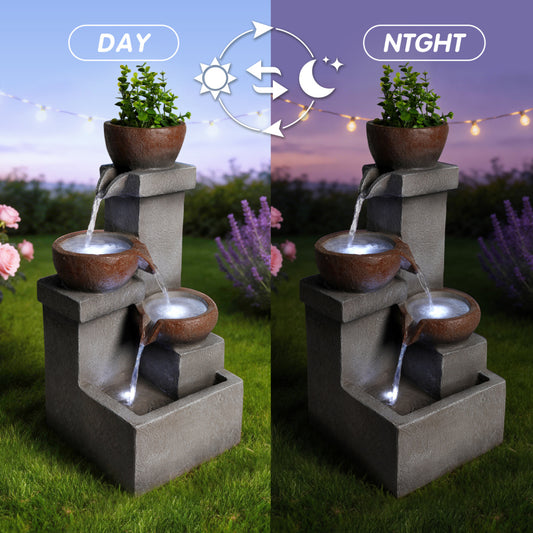 Tiered Cascading Jar Outdoor Fountain with LED Lights | Resin Stone-Look Waterfall with Planter Top — Garden, Patio & Entryway Decor