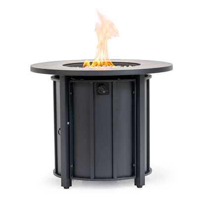 30" Propane Fire Pit Table | 50,000 BTU Round Steel Fire Table with Wood-Grain Ceramic Top & Rain Cover — Black