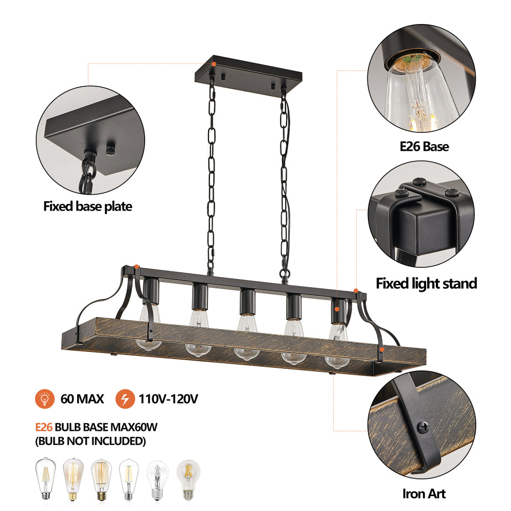 34-inch black and gold vintage chandelier with 5 lights, adjustable chain, featuring E26 base, fixed base plate, fixed light stand, and iron art details for dining room, kitchen, living room