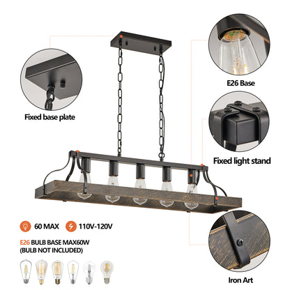 34-inch black and gold vintage chandelier with 5 lights, adjustable chain, featuring E26 base, fixed base plate, fixed light stand, and iron art details for dining room, kitchen, living room