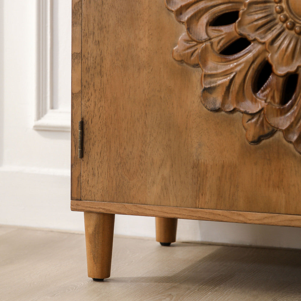 Rustic Hand-Carved 2-Door Accent Cabinet Boho Floral Storage Sideboard with Solid Wood Legs