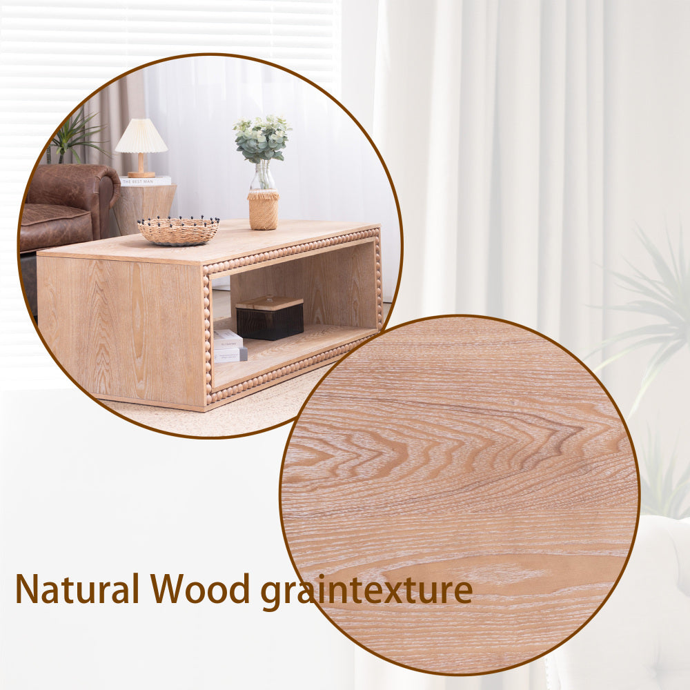 Rustic Beaded Edge Coffee Table with Open Storage Shelf | 47.6" Farmhouse Center Table — Natural Wood Finish