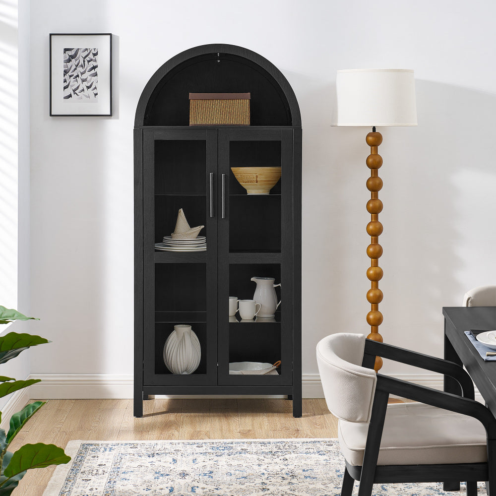 High-Arched Storage Cabinet with LED Light Modern Retro Wood Glass Display Cabinet with Adjustable Shelves Black