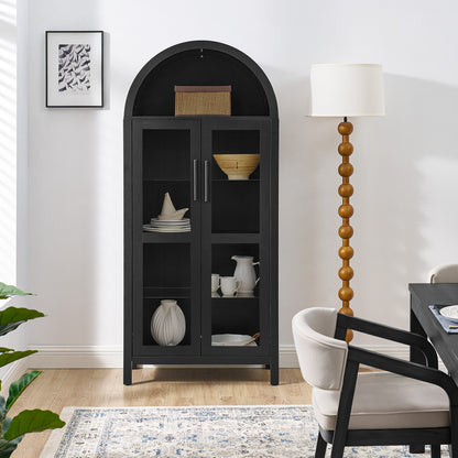 High-Arched Storage Cabinet with LED Light Modern Retro Wood Glass Display Cabinet with Adjustable Shelves Black