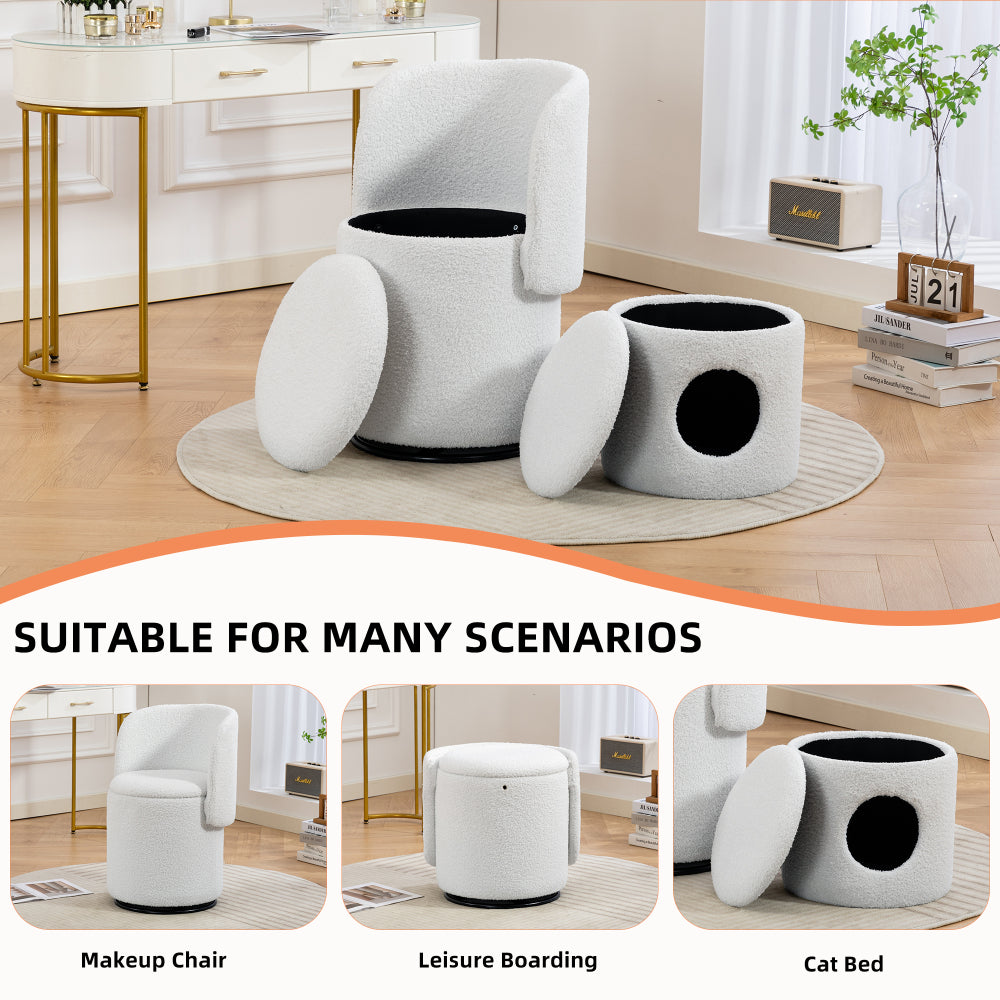 Upholstered Barrel Chair with Storage | 360° Swivel Vanity & Dining Seat, Free Cat Bed Included