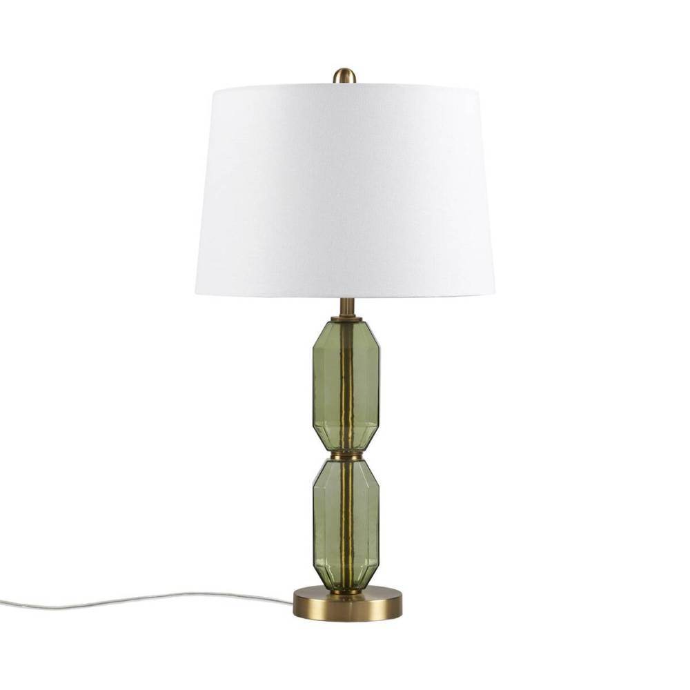 Faceted Green Glass Table Lamp – Gold Metal Base & White Fabric Shade | LED Bulb Included | Modern Accent Lamp