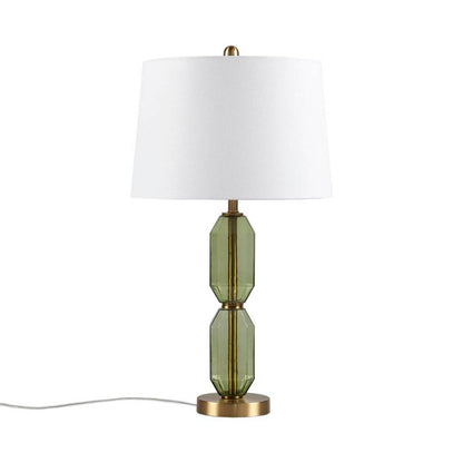 Faceted Green Glass Table Lamp – Gold Metal Base & White Fabric Shade | LED Bulb Included | Modern Accent Lamp