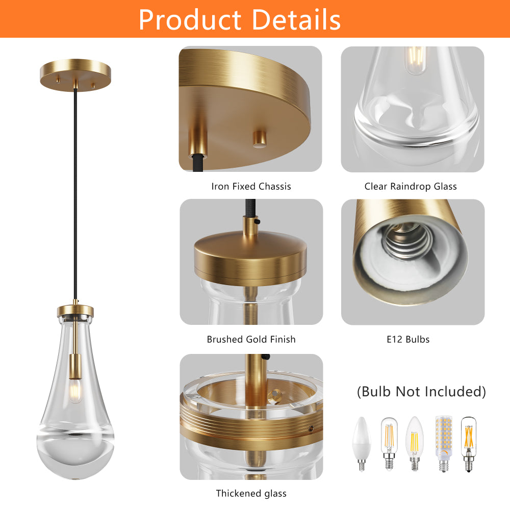 Raindrop Pendant Light product details: iron fixed chassis, clear raindrop glass shade, brushed gold finish, E12 bulb compatibility, thickened glass construction.
