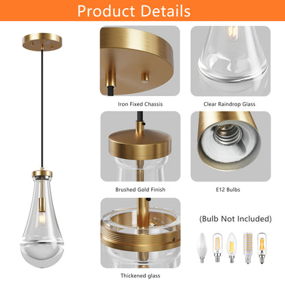 Raindrop Pendant Light product details: iron fixed chassis, clear raindrop glass shade, brushed gold finish, E12 bulb compatibility, thickened glass construction.