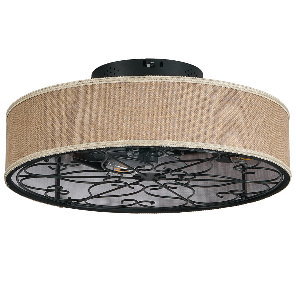 20" Caged Ceiling Fan with LED Light & Remote – Linen Fabric Shade, 6 Speeds, Reversible DC Motor | Farmhouse Flush Mount
