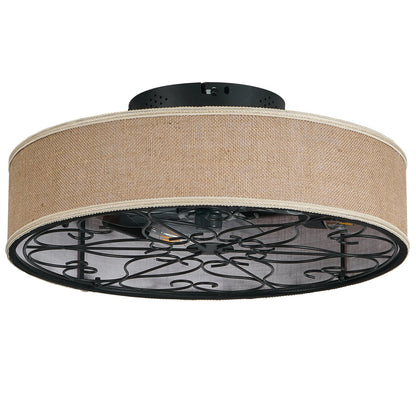 20" Caged Ceiling Fan with LED Light & Remote – Linen Fabric Shade, 6 Speeds, Reversible DC Motor | Farmhouse Flush Mount