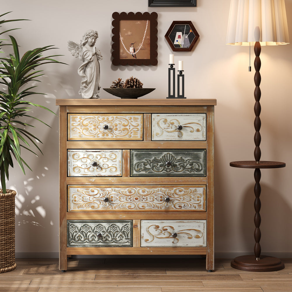 Rustic Farmhouse 6-Drawer Accent Chest – Multicolor Carved Wood, Bedroom & Living Room