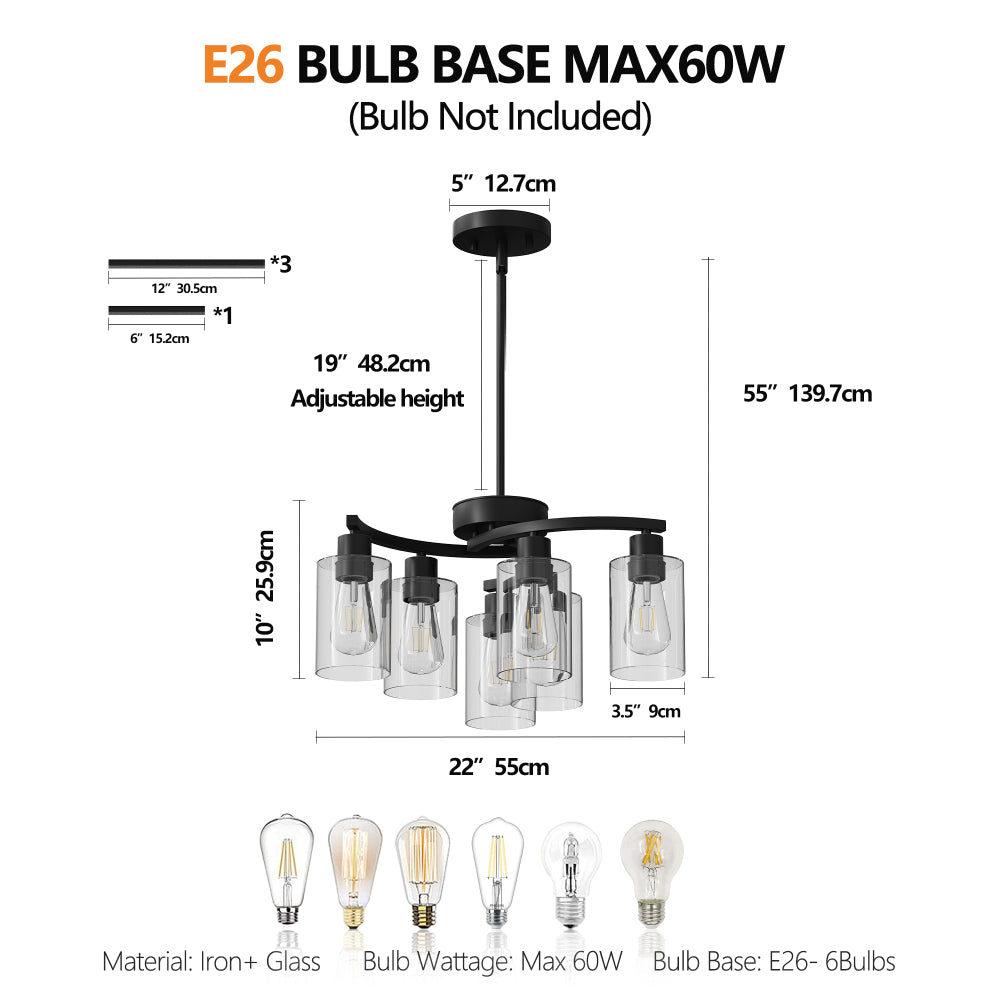 Modern Farmhouse 6-light chandelier with black iron frame, clear glass shades, E26 bulb base (max 60W), adjustable height, and detailed dimensions.