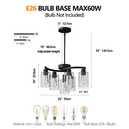 Modern Farmhouse 6-light chandelier with black iron frame, clear glass shades, E26 bulb base (max 60W), adjustable height, and detailed dimensions.